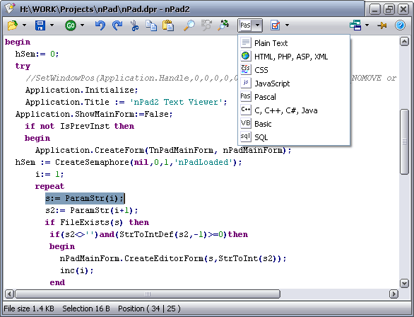 Lightweight editor program with unicode support and syntax highlighting